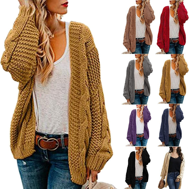 2021 spring and autumn new thick needle twist knit cardigan women&#39;s mid-length solid color casual loose coat cardigan - Executive-Skincare