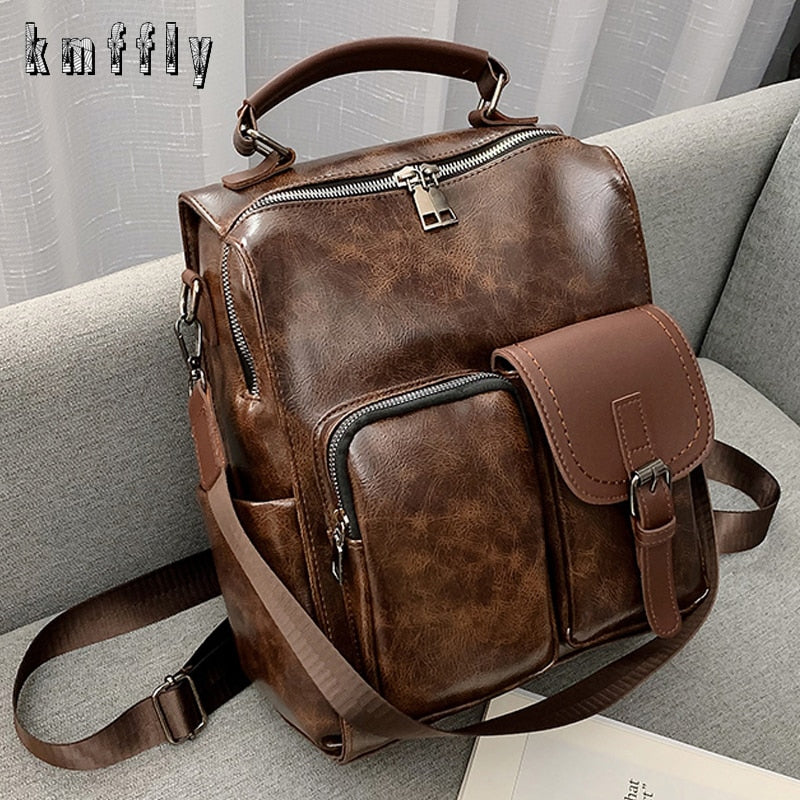 2020 Women PU Leather School Bags Vintage Backpack Women Big Schoolbag Mochila Feminina Brown Black Backpacks Sac A Dos Bagpack - Executive-Skincare