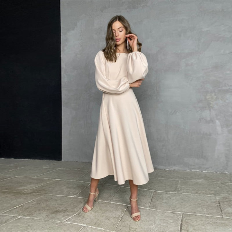 CHURSES Sexy Backless Midi Dress Lantern Sleeve O-Neck Autumn Folds A-Line Fashion Party Night Club Long Dresses For Women - Executive-Skincare