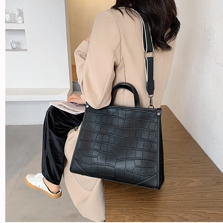 Stone Pattern PU Leather women handbag Large capacity Wide strap female Shoulder Bag 2022 New Brand Designer ladies Hand Bag - Executive-Skincare