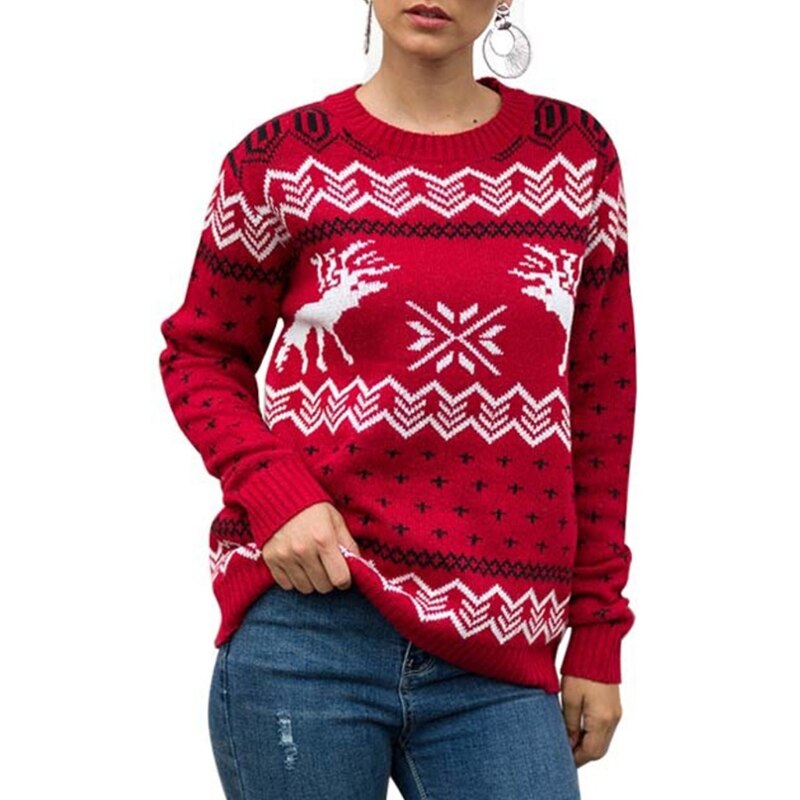 Christmas Printed Sweater Women Winter Long Sleeve O-Neck Sweater Reindeer Snowflake Jacquard Tops Knitted Loose Holiday Jumper - Executive-Skincare