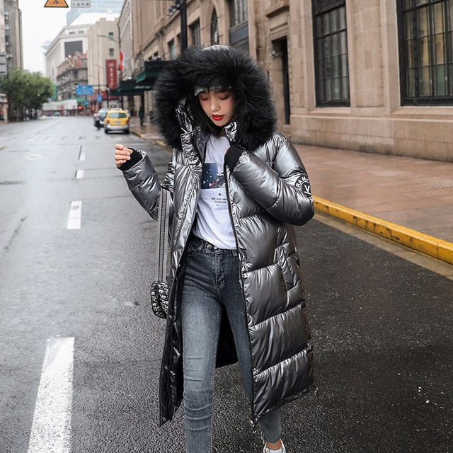 women X-long oversize blue down jackets thick casual with fur epaulet 2021 winter female down coats hooded solid piumini donna - Executive-Skincare