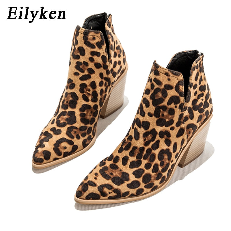 EilyKen Women Early Winter Ankle Boots Leopard Female Zipper Casual Black Cowboy Square Heel Booties Shoes Zapatos De Mujer - Executive-Skincare