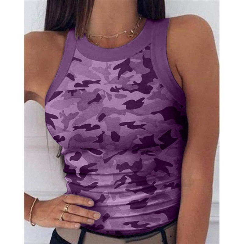 2022 Summer Women Print Top Fashion Women Casual Army Camo Camouflage Tank Sleeveless O-neck Slim Vest T-Shirts - Executive-Skincare