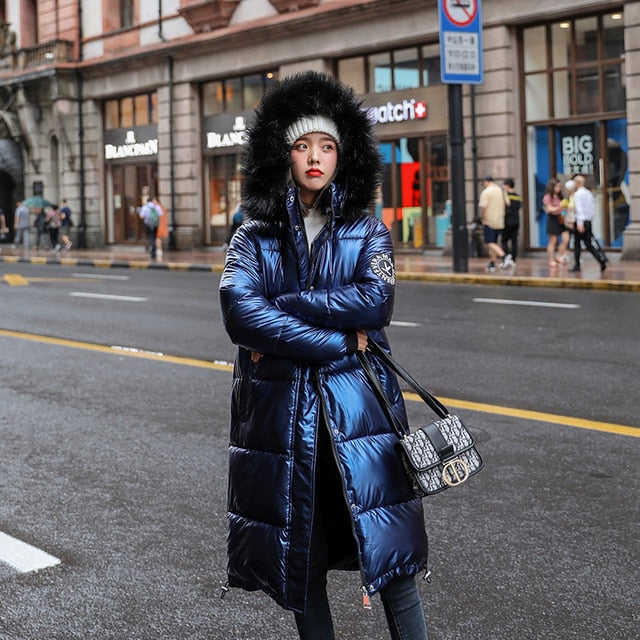 women X-long oversize blue down jackets thick casual with fur epaulet 2021 winter female down coats hooded solid piumini donna - Executive-Skincare