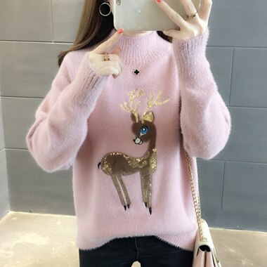 Cute Sweater Korean Reindeer Ugly Christmas Sweater Women Winter Warm Sweaters Fluffy Cashmere Jumper Turtleneck Pullover 2022 - Executive-Skincare