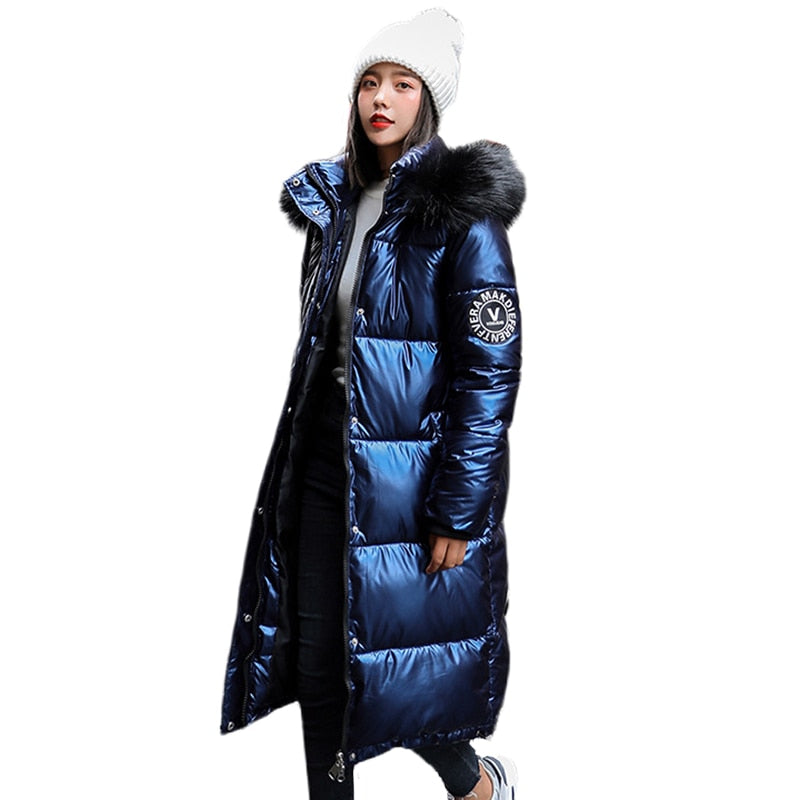 women X-long oversize blue down jackets thick casual with fur epaulet 2021 winter female down coats hooded solid piumini donna - Executive-Skincare