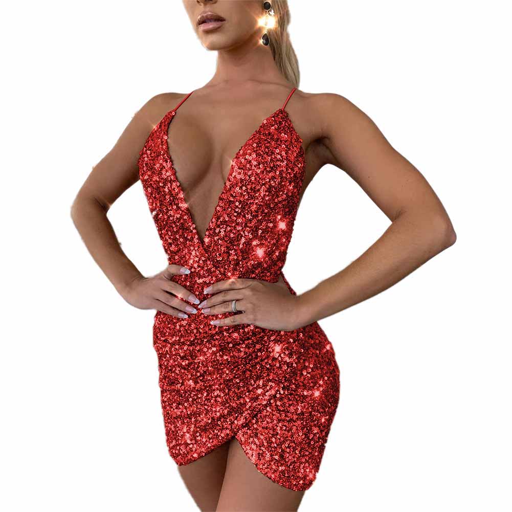 Women&#39;s Spaghetti Strap Deep V Neck Sequins Glitter Short Dress Sparkly Bodycon Evening Party Club Wear Dress - Executive-Skincare