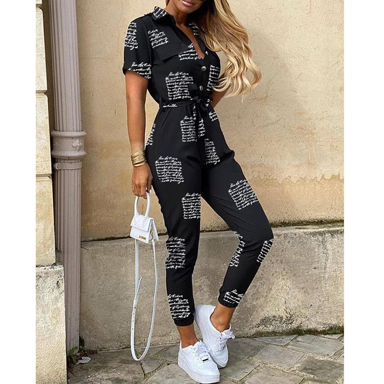 Fashion Women Jumpsuit Solid Color Summer Casual Lapel Printed Belt Work Overalls Ladies New Hot Selling Button Long Jumpsuit - Executive Quality Store