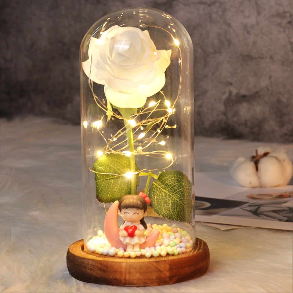 Beauty and Beast Rose Flower with Teddy Rose Bear In Glass Dome Home Wedding Decoration Birthday Valentine&#39;s Day Mother &#39;s Gift - Executive-Skincare