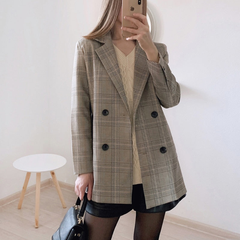 Office Ladies Notched Collar Plaid Women Blazer Double Breasted Autumn Jacket 2021 Casual Pockets Female Suits Coat - Executive-Skincare