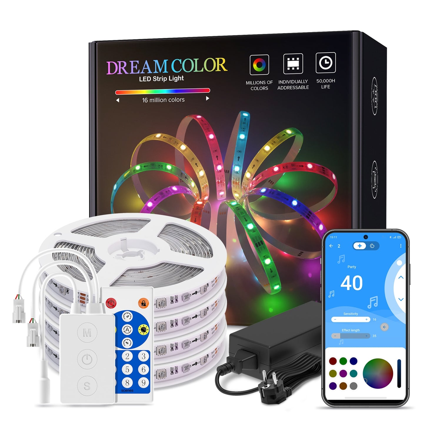 Dreamcolor LED Light Strip Bluetooth Music APP Control WS2811 WS2812B RGBIC Flexible Led Strip Room Bedroom Party Kitchen 5m-20m - Executive-Skincare