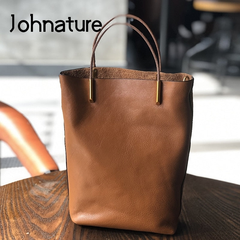 Johnature Simple Genuine Leather Women Bag 2022 New Retro Nature Soft Cowhide Handbag Versatile Composite Bag Shoulder Bags - Executive-Skincare