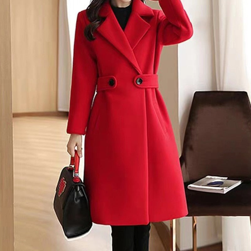 Autumn Winter New Women Warm Wool Coats with Belt Fashion Turn Down Collar Long Overcoat 2022 Female Solid Chic Outwear jackets - Executive-Skincare