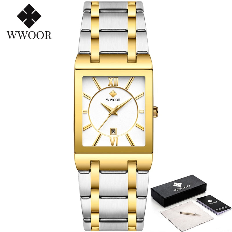 Relogio Masculino WWOOR Gold Watch Men Square Mens Watches Top Brand Luxury Golden Quartz Stainless Steel Waterproof Wrist Watch - Executive-Skincare