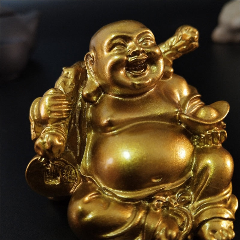 Golden Laughing Buddha Statue Chinese Feng Shui Lucky Money Maitreya Buddha Sculpture Figurines Home Garden Decoration Statues - Executive-Skincare