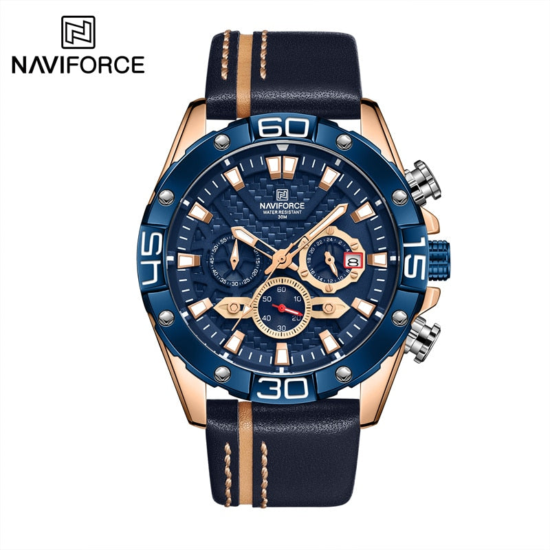 Top Luxury NAVIFORCE Watches for Men Fashion Sport Chronograph Quartz Wrist Watches Male Military Leather Strap Waterproof Clock - Executive-Skincare