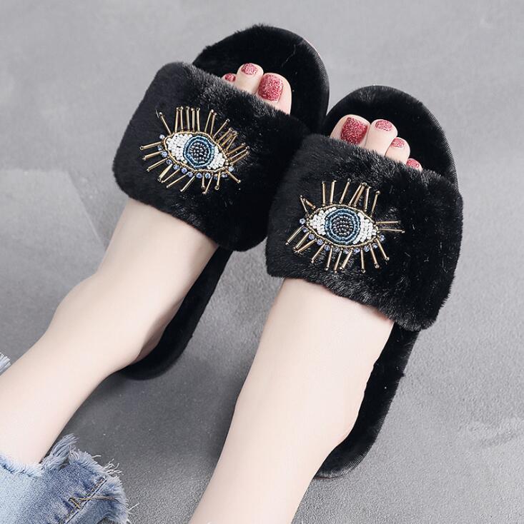 Big Eyes Decoration Fur Slippers Women Flats Winter Home Cotton Slippers Femme Rhinestone Eye Plush Flip Flops Women Shoes s655 - Executive-Skincare