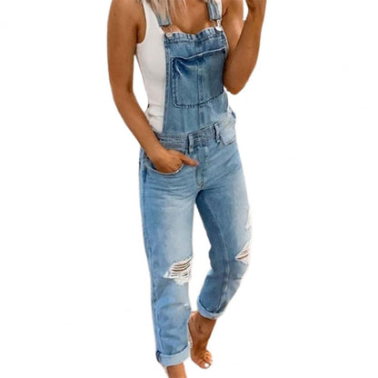 Women&#39;s Jumpsuit Solid Color Slim Dungarees Women Sleeveless Pockets Ripped Holes Suspender Trousers Summer Casual Overalls 2021 - Executive Quality Store