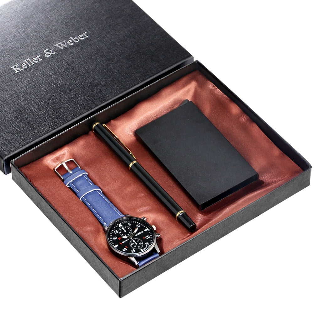 2021 Men&#39;s Gift Sets Top Luxury Quartz Watches High Quality Signature Pen Fashion Male Card Case Gifts for Husband Dad Boyfriend - Executive-Skincare