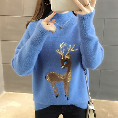 Cute Sweater Korean Reindeer Ugly Christmas Sweater Women Winter Warm Sweaters Fluffy Cashmere Jumper Turtleneck Pullover 2022 - Executive-Skincare