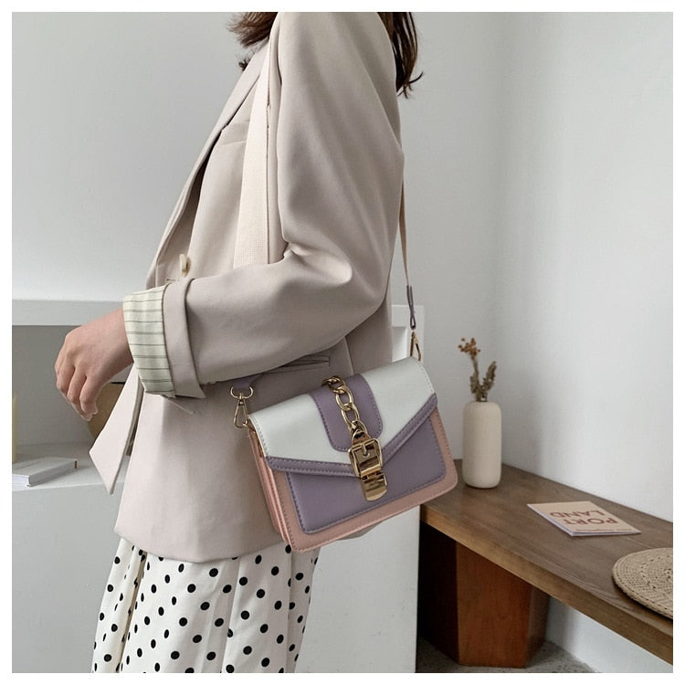 Fashion chain lady Sling bag Panelled color PU Leather Crossbody Bag For Women 2022 new Wide strap Shoulder Messenger Bag Ladies - Executive-Skincare