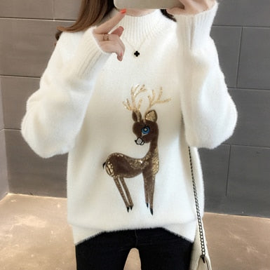 Cute Sweater Korean Reindeer Ugly Christmas Sweater Women Winter Warm Sweaters Fluffy Cashmere Jumper Turtleneck Pullover 2022 - Executive-Skincare