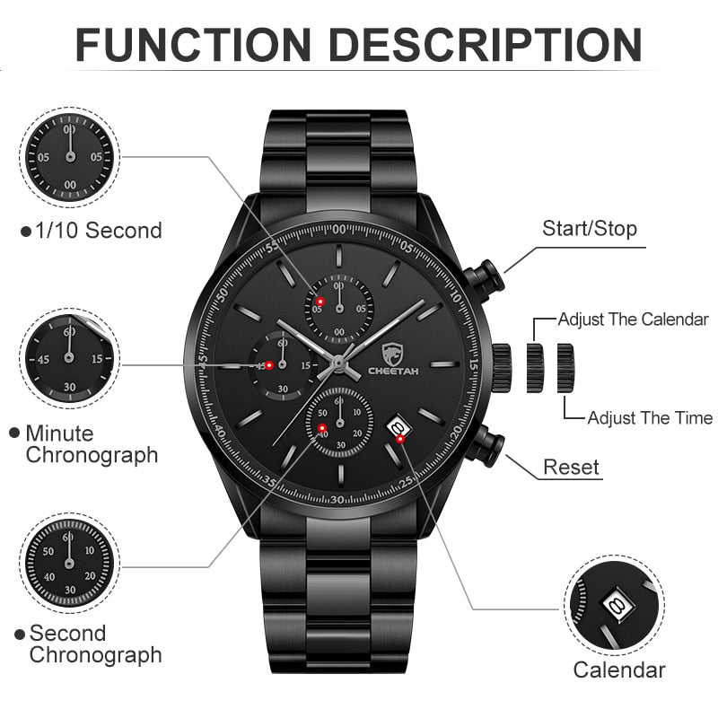 New CHEETAH Watches for Men Top Brand Luxury Fashion Business Quartz Men’s Wristwatch Stainless Steel Waterproof Sports Clock - Executive-Skincare