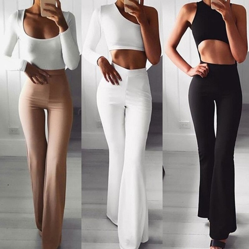 Summer Autumn Solid Elegant Female Lady Women&#39;s Palazzo Flared Wide Killer Legs Pants High Waist OL Ladies Career Long Trousers - Executive Quality Store