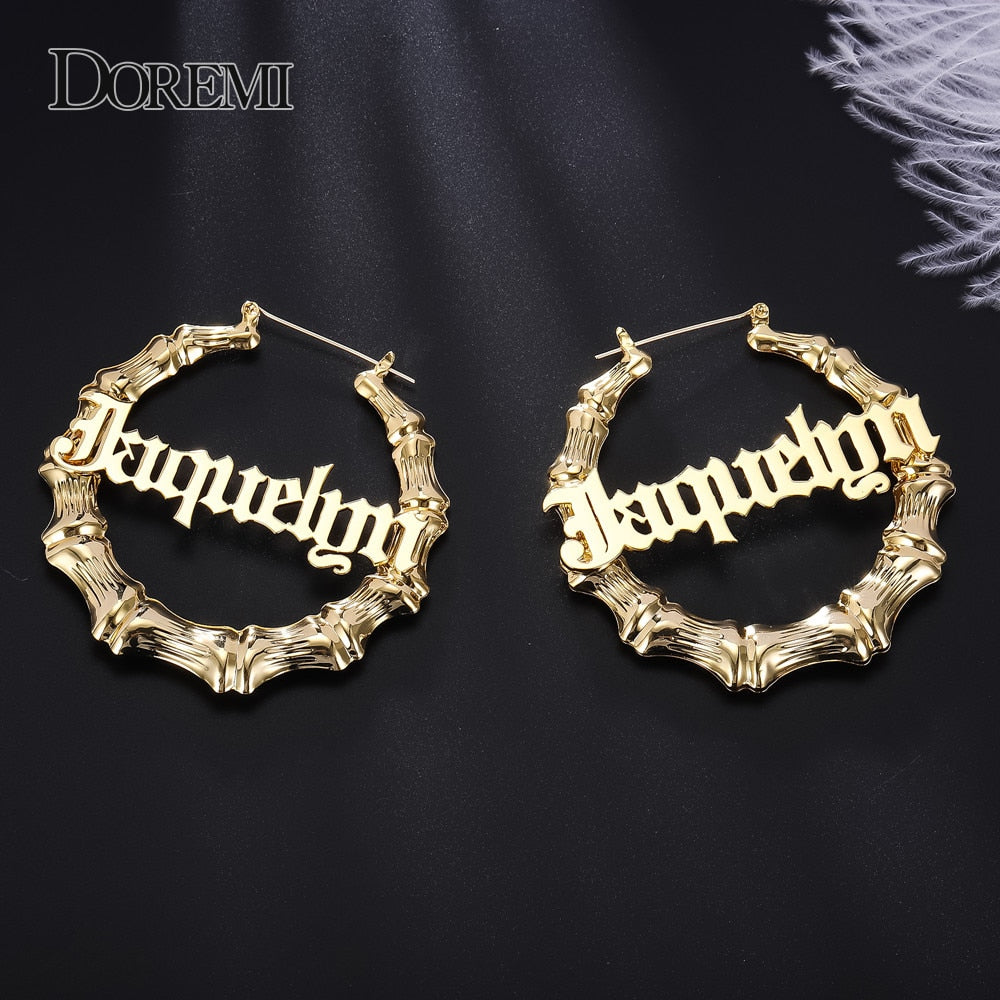 DOREMI Stainless Steel Bamboo Hoop Earrings Customize Name Earrings Bamboo Style Custom Hoop Earring With Statement Words Number - Executive-Skincare