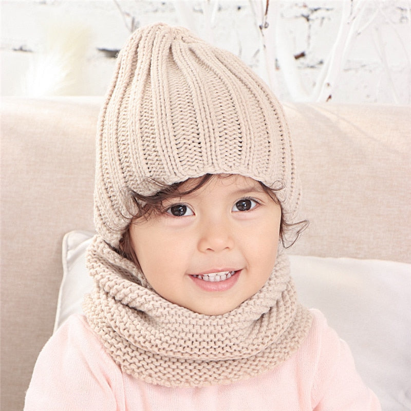 Multicolor hat and scarf for children solid acrylic kids hat with a scarf knit girls boy hats scarves set winter accessories - Executive-Skincare