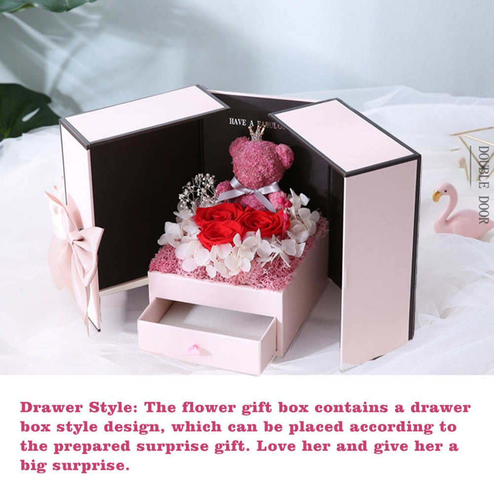 Rose Teddy Bear Double Door Gift Box  Artificial preserved flower Jewelry Necklace Gift Case Wedding  Valentine&#39;s Day Gift - Executive-Skincare