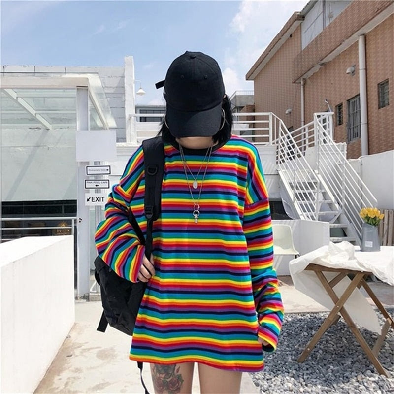 Rainbow Stripe T Shirt Hoodies Harajuku Female T-Shirt Long Sleeve T-shirts Pullovers Tops For Women Female Sweatshirt - Executive-Skincare