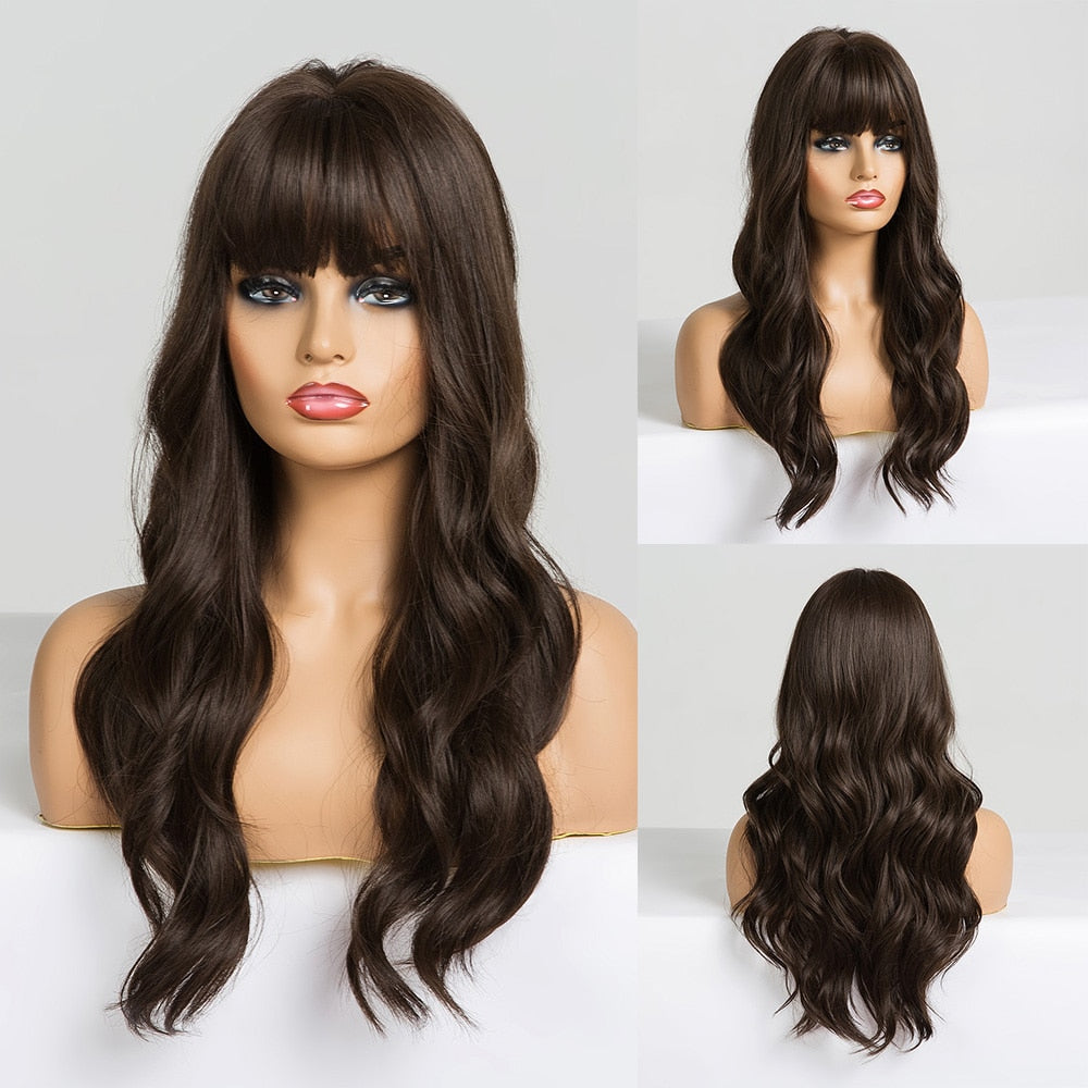 GEMMA Long Wavy Wigs with Bangs Black Brown Ombre Synthetic Heat Resistant Wigs For Women Girls Cosplay Party Daily False Hair - Executive-Skincare