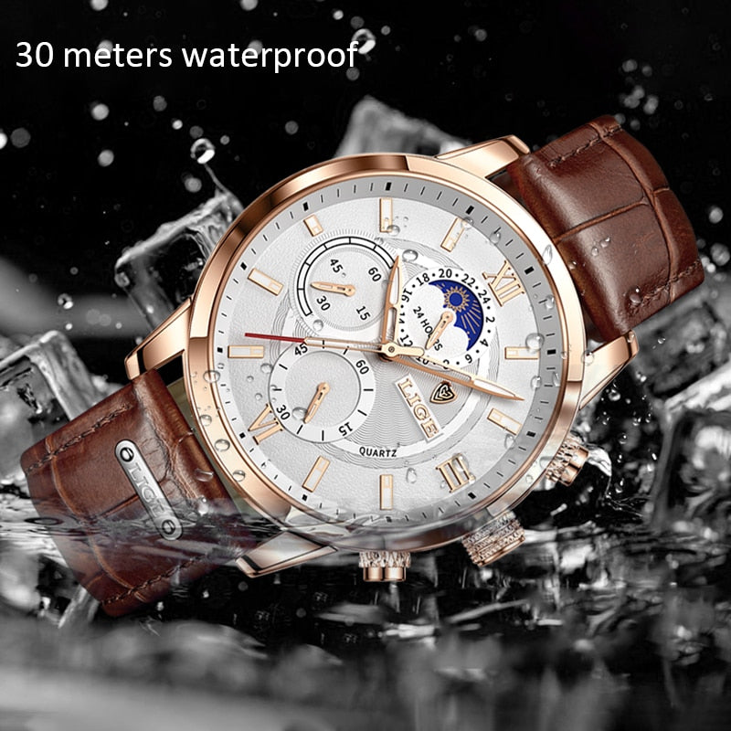 LIGE Men Watches 2022 New Fashion Leather Waterproof Luminous Top Brand Luxury Mens Quartz Wristwatch Men Relogio Masculino+box - Executive-Skincare