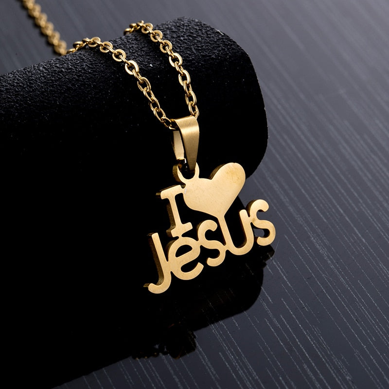 Fashion Heart I Love JESUS pendant Necklace Stainless steel Gold - Executive-Skincare