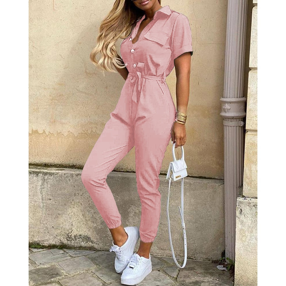 Fashion Women Jumpsuit Solid Color Summer Casual Lapel Printed Belt Work Overalls Ladies New Hot Selling Button Long Jumpsuit - Executive Quality Store