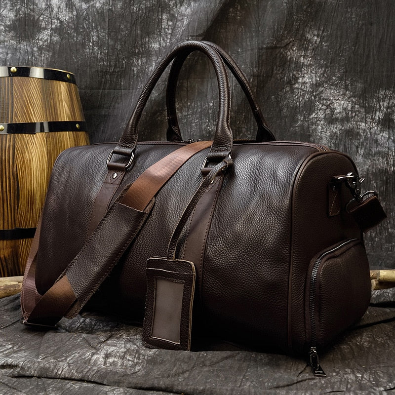 Luxury Genuine Leather Men Women Travel Bag Cow Leather Carry On Luggage Bag Travel Shoulder Bag Male Female Weekend Duffle Bag - Executive-Skincare