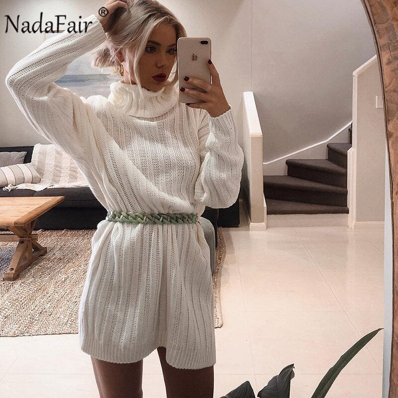 Nadafair White Sweater Dresses 2020 Christmas Solid Long Sleeve Mini Casual Loose Turtleneck Knitted Winter Dress Women Vestidos - Executive-Skincare