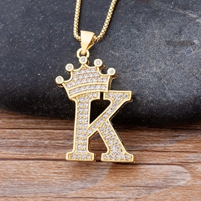 Nidin New Luxury Copper Zircon A-Z Crown Alphabet Pendant Chain Necklace Hip-Hop Style Fashion Woman Man Initial Name Jewelry - Executive-Skincare