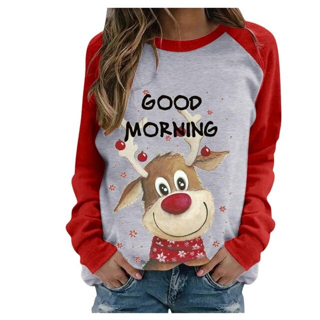 Funny Cute Elk Printing Long Sleeve Christmas Women T Shirt Harajuku S-2xl Cotton Woman Tshirts Graphic Aesthetic Shirt Female - Executive-Skincare