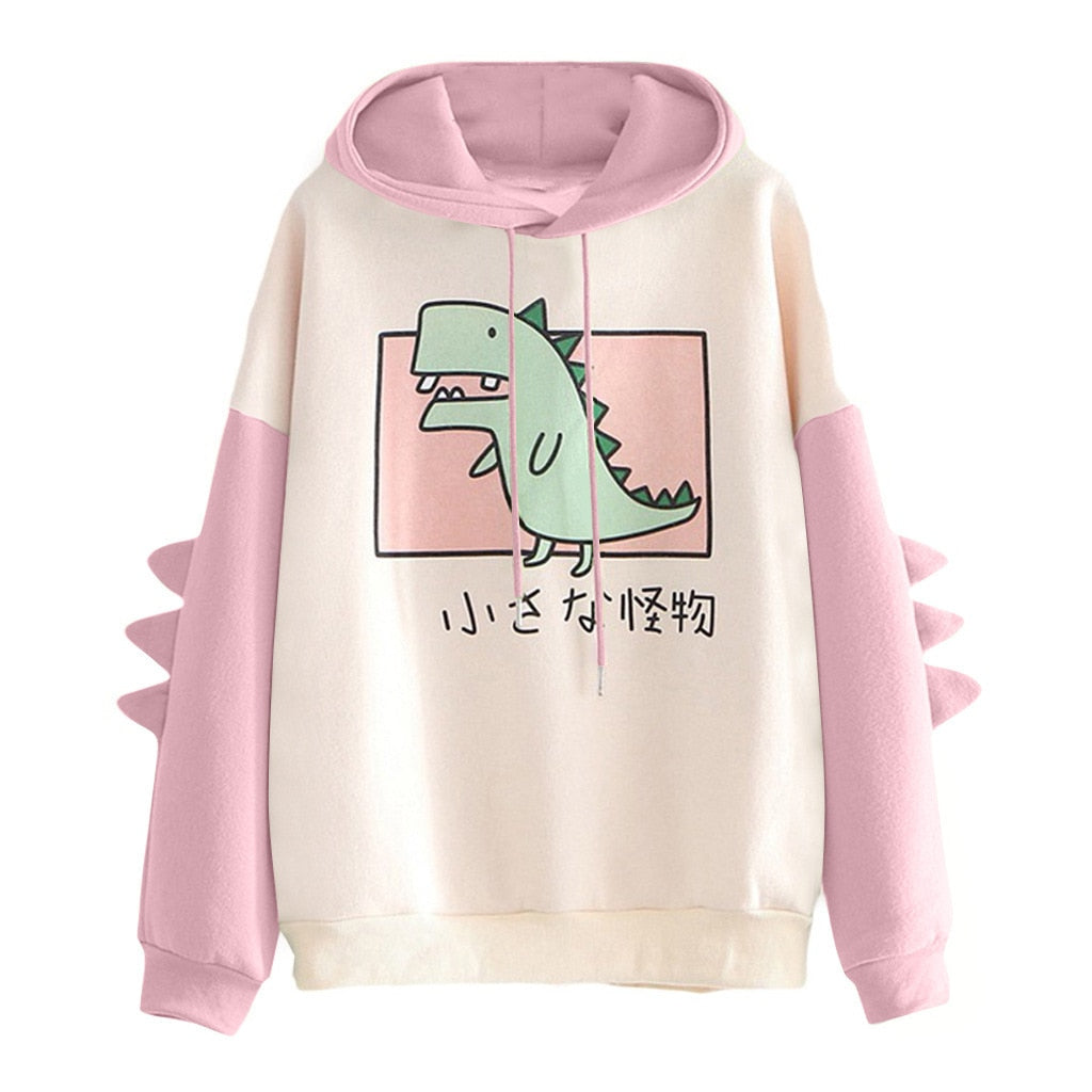 Winter dino hoodie Tops Dinosaur Oversized Cartoon Hoodie Women Fashion Sweatshirt Casual Print Korean Style Thicken Sweatshirt - Executive-Skincare