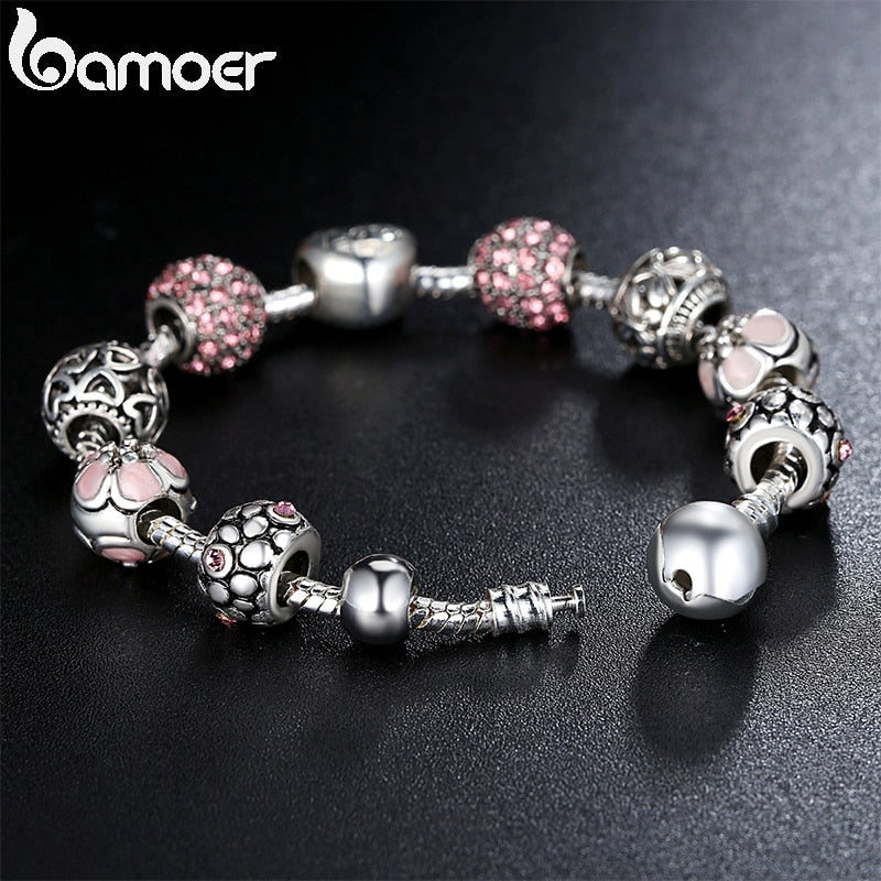 BAMOER Silver Plated Charm Bracelet &amp; Bangle with Love and Flower Beads Women Wedding Jewelry 4 Colors 18CM 20CM 21CM PA1455 - Executive-Skincare