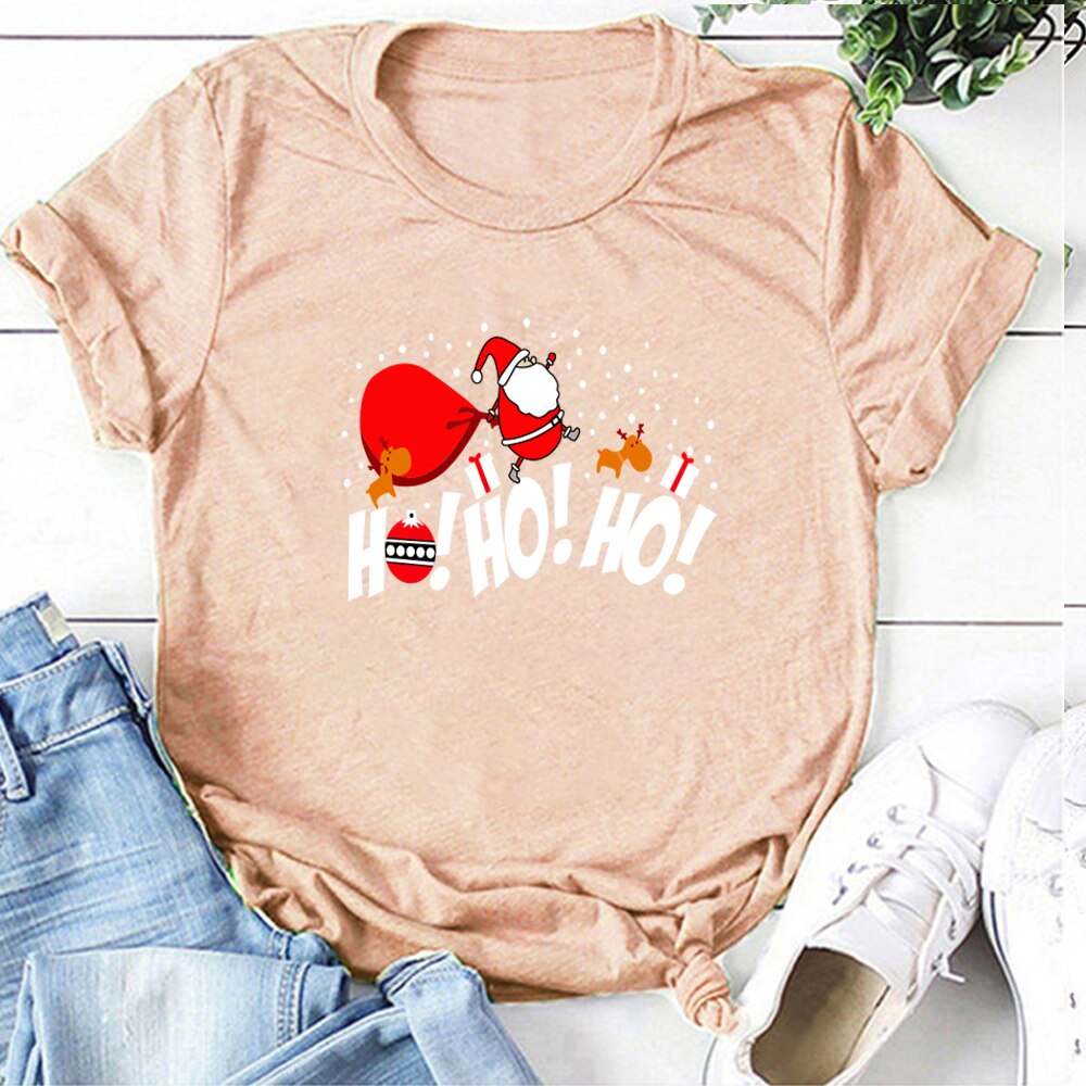 HO HO HO Print Funny Santa T Shirt Women Short-sleeved Tee Shirt Female Merry Christmas New Year Gift To Ladies Tops Clothes - Executive-Skincare