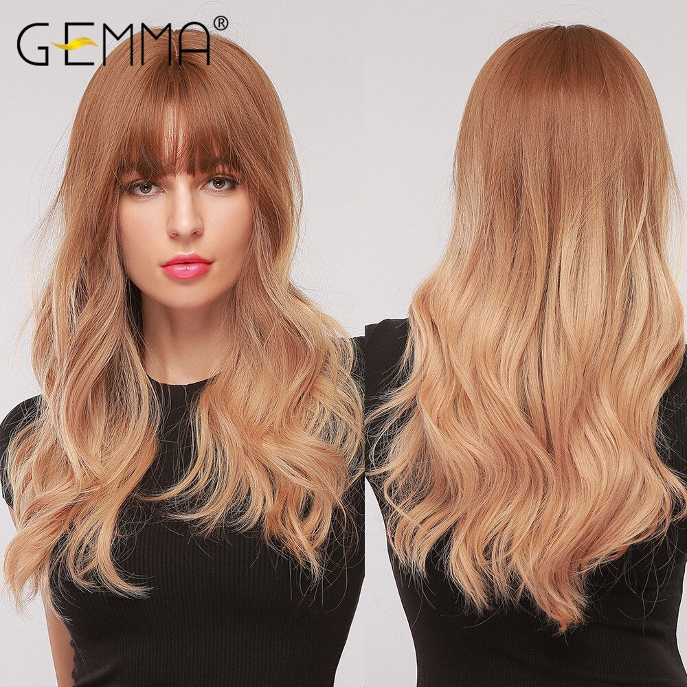 GEMMA Long Wavy Wigs with Bangs Black Brown Ombre Synthetic Heat Resistant Wigs For Women Girls Cosplay Party Daily False Hair - Executive-Skincare