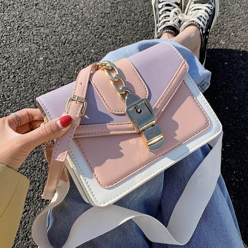 Fashion chain lady Sling bag Panelled color PU Leather Crossbody Bag For Women 2022 new Wide strap Shoulder Messenger Bag Ladies - Executive-Skincare