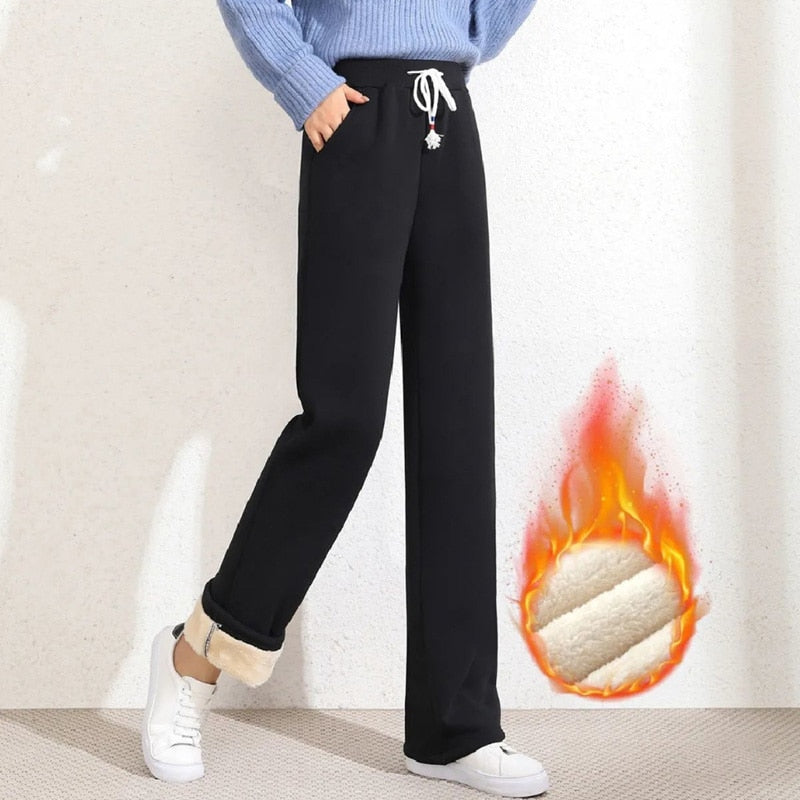 2021 Autumn Winter New Korean Fashion Plus Velvet Thickened Wide Leg Pants Women&#39;s High Waist Straight Warm Loose Trousers 3XL - Executive Quality Store