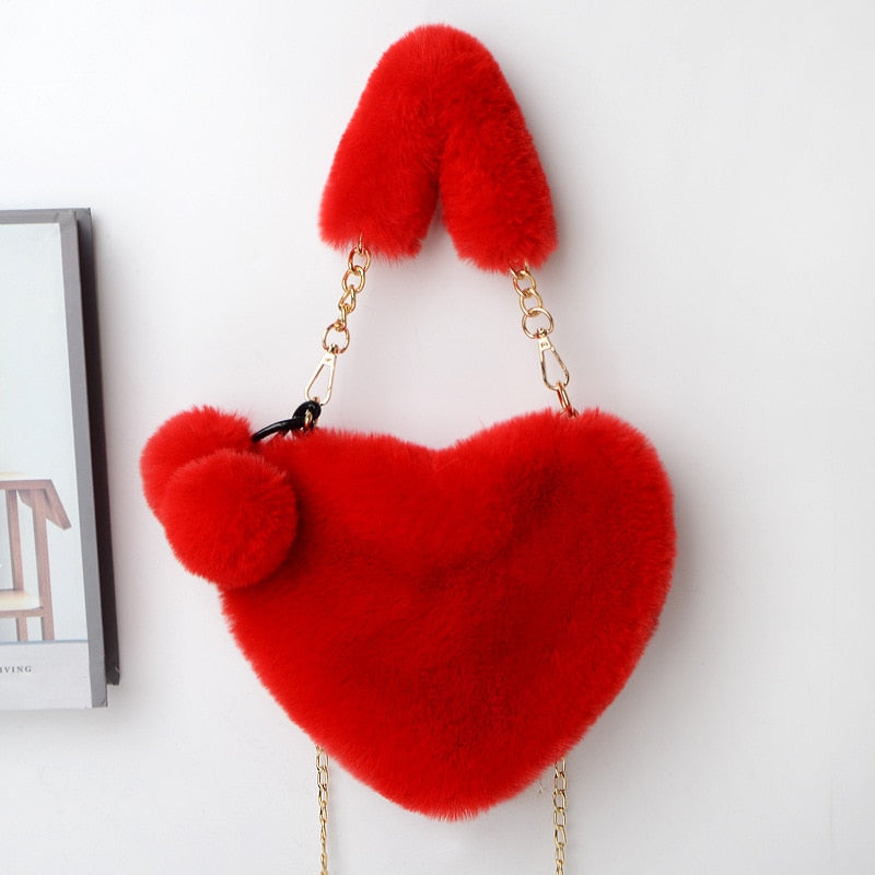 2021 Faux Fur Women Handbags Heart Shaped Shoulder Bag Female Clutch Purse Chain Messenger Bag Plush Shoulder Crossbody Bag - Executive-Skincare