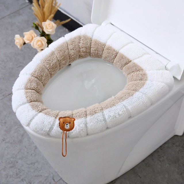 Winter Warm Toilet Seat Cover Closestool Mat 1Pcs Washable Bathroom Accessories Knitting Pure Color Soft O-shape Pad Bidet Cover - Executive-Skincare