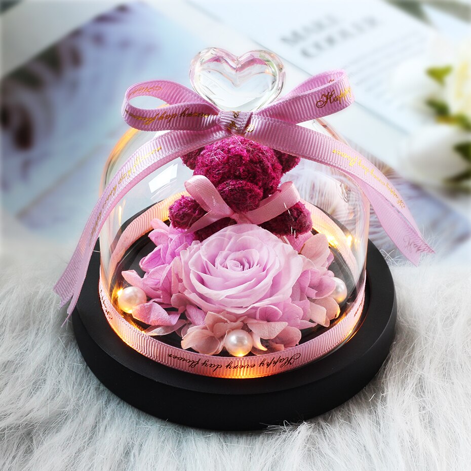 The Beautiful and the Beast Teddy Bear Rose Decor Natural Dried Flowers In Glass Dome LED Mother&#39;s Valentine&#39;s Day Wedding Gift - Executive-Skincare